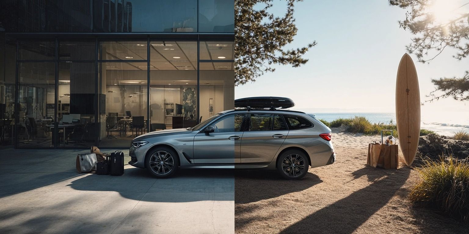 Geteilte Darstellung eines Fahrzeugs: Links steht das Auto vor einem Bürogebäude mit Aktentasche und Unterlagen – symbolisch für die berufliche Nutzung. Rechts ist es in einer Freizeitszene mit Sporttasche, Kindersitz oder Einkaufstüten zu sehen – als Hinweis auf private Nutzung. Verdeutlicht den gemischten Einsatz eines Firmenwagens.