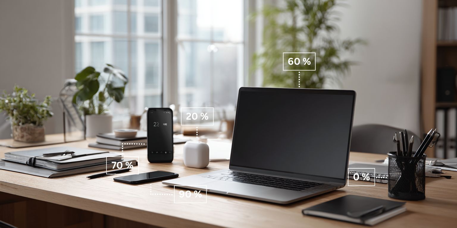 Modern eingerichteter Schreibtisch mit Smartphone, Laptop, Internetrouter und Büroausstattung – symbolisch für gemischte private und betriebliche Nutzung in Unternehmen.