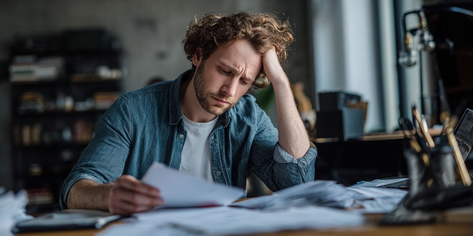 Musiker wirkt gestresst beim Prüfen einer Rechnung mit roten Korrekturen und Fehlern auf dem Schreibtisch.