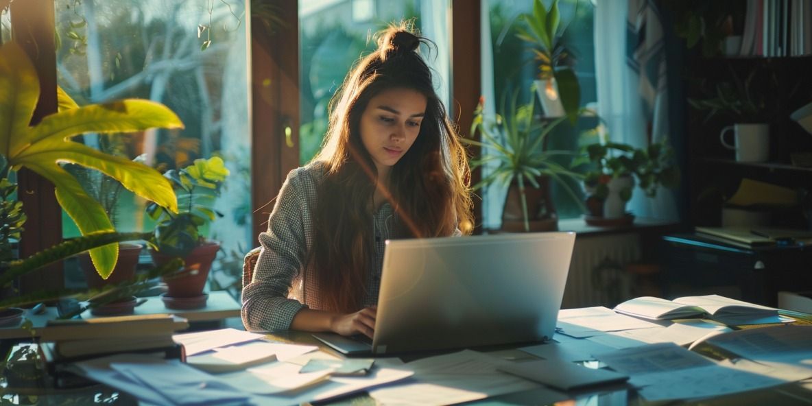Eine junge Unternehmerin sitzt vor einem Laptop und tippt, konzentrierter und entschlossener Ausdruck. Dokumente und ein Computer sind ordentlich auf dem Tisch arrangiert. Die Unternehmerin hat langes Haar und trägt lässige Kleidung. Modernes Homeoffice mit minimalistischer Dekoration und Blick auf einen Garten. Ruhige und produktive Atmosphäre mit sanftem Morgenlicht.