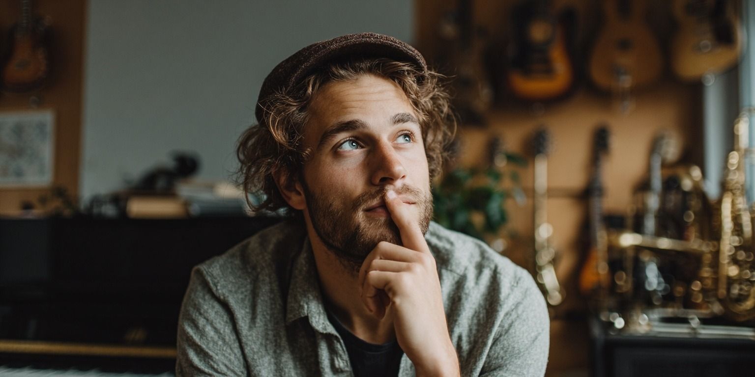 Musiker denkt nach und hält Finger am Kinn, nachdenkliche Stimmung.