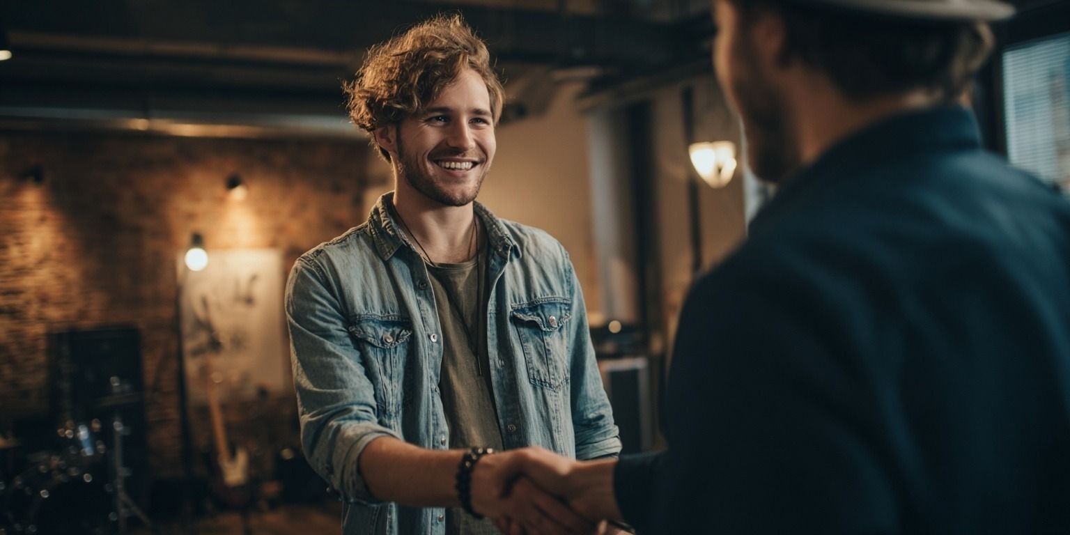 Musiker schüttelt die Hand mit Auftraggeber nach Einigung.