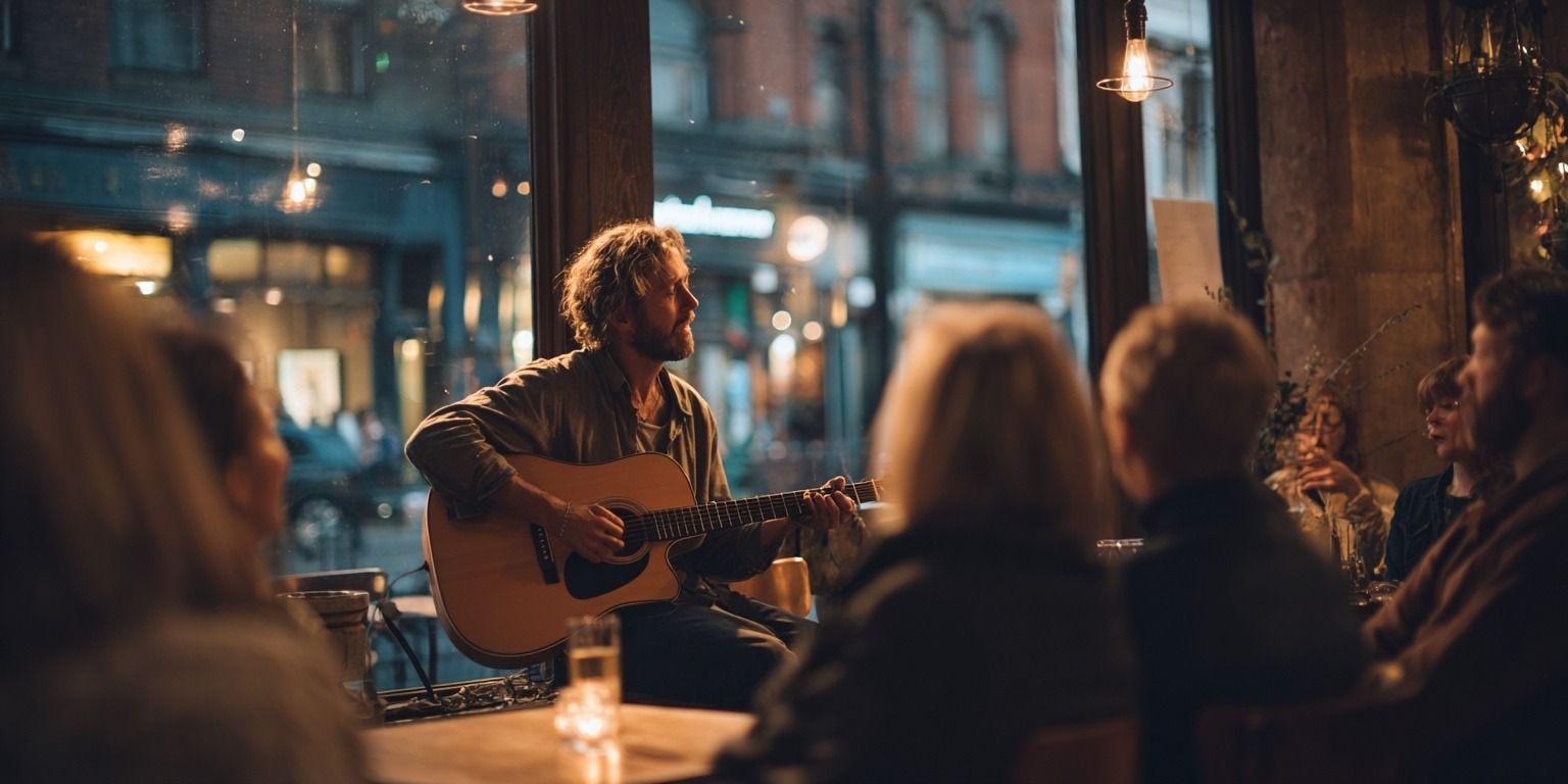 Musiker spielt Gitarre vor kleinem Publikum in gemütlichem Café bei warmem Abendlicht.