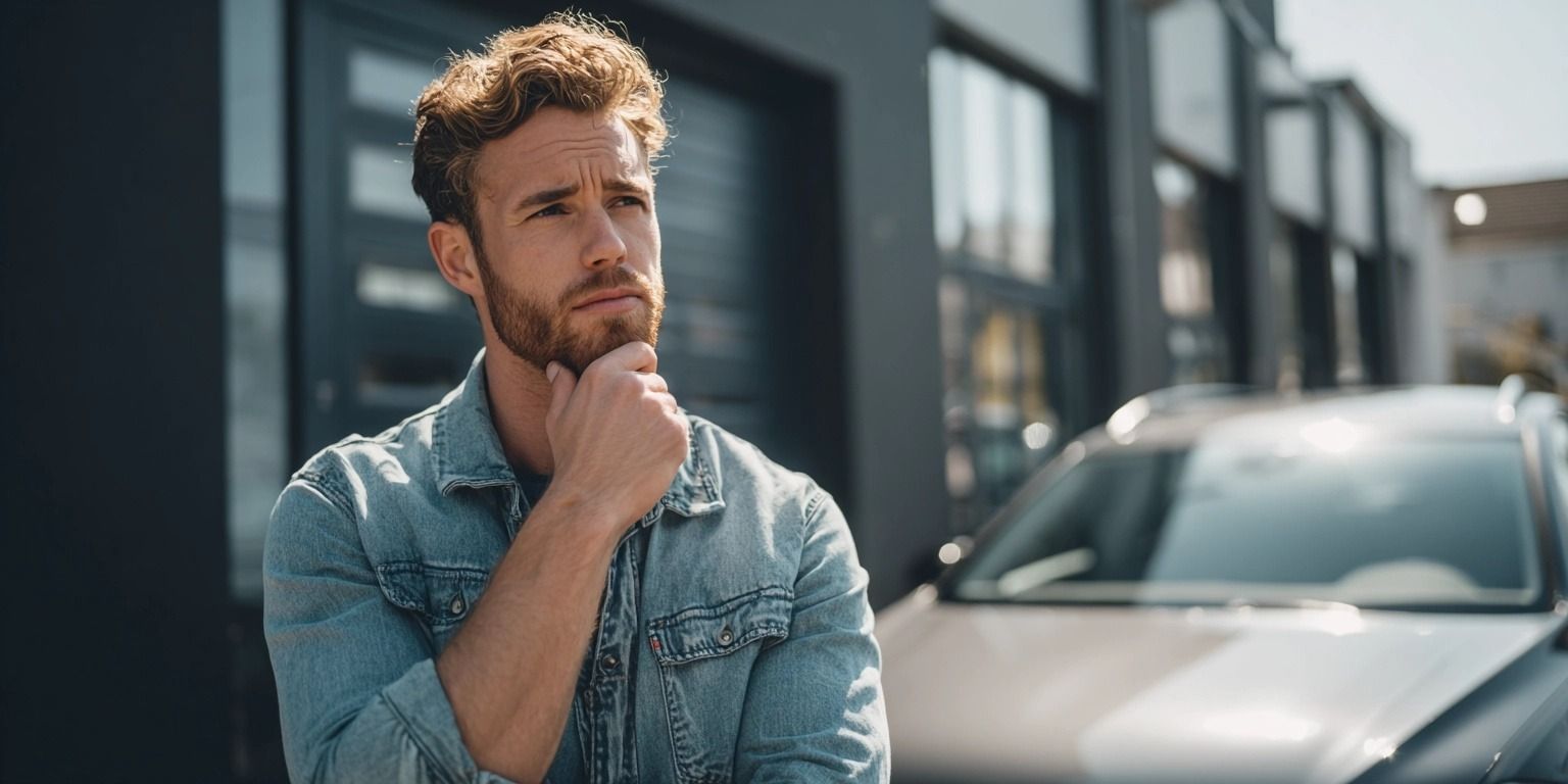 Ein junger Unternehmer steht nachdenklich mit der Hand am Kinn neben seinem ersten Firmenfahrzeug vor einem kleinen Geschäftsgebäude. Die Szene ist sonnig und realistisch, vermittelt eine Atmosphäre von Reflexion und wichtigen Entscheidungen im Geschäftsleben.
