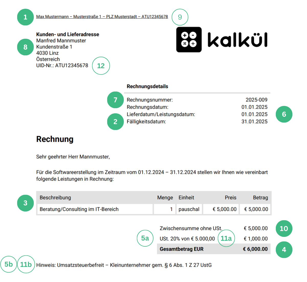 Rechnung in Österreich mit hervorgehobenen Pflichtangaben
