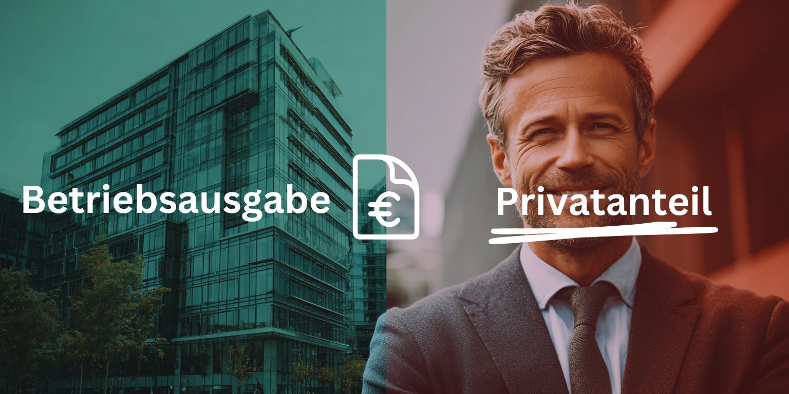 Symbolbild zur Trennung von betrieblichen und privaten Anteilen bei Einzelunternehmern: Rechts modernes Firmengebäude, links freundlicher Unternehmer.