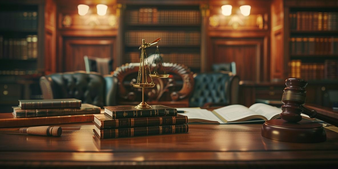 Großer Holzschreibtisch eines Richters mit ordentlich gestapelten juristischen Büchern und Dokumenten, Richterhammer, autoritative Gerichtsatmosphäre mit warmem Licht.