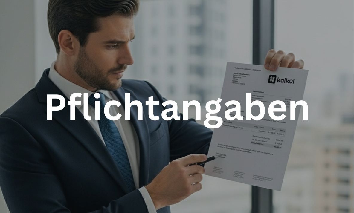 Steuerberater zeigt mit Stift auf eine Rechnung, im Vordergrund der Text Pflichtangaben – Symbolbild für steuerliche Vorschriften und korrekte Rechnungsangaben.