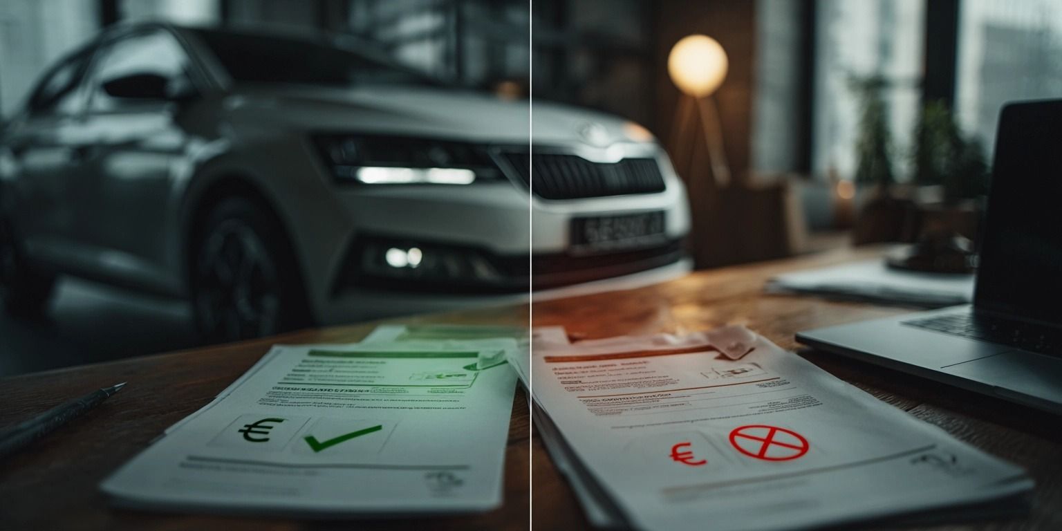 Symbolische Darstellung eines Autos im Split-View: links ein Elektrofahrzeug mit grünen Steuer-Icons und Genehmigungsstempel, rechts ein Verbrenner mit roten Warnsymbolen und abgelehntem Stempel. Umgeben von Dokumenten, modern und clean inszeniert.