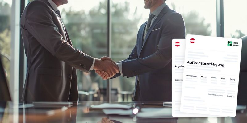 Zwei Männer in Anzügen schütteln sich die Hände und wirken freundlich, im Vordergrund ist ein Schreibtisch mit Dokumenten und einem Stift sichtbar.